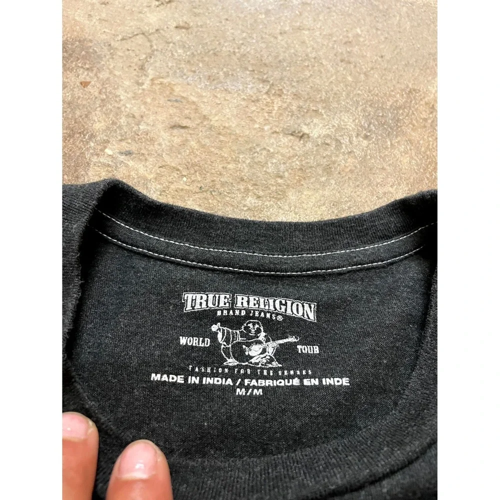 True‎ Religion World Tour T Shirt Mens M Blue Black Spellout Logo Short Sleeve